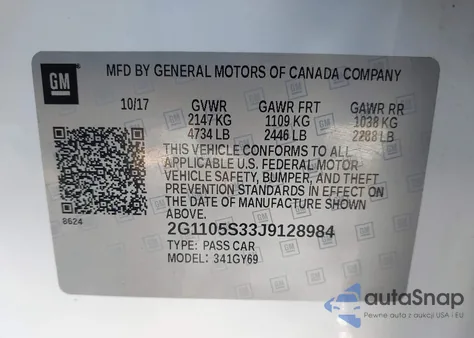 2018 Chevrolet Impala 1Lt from USA, damaged, VIN 2G1105S33J9128984